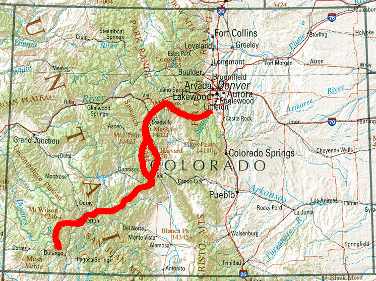 red line on a map from denver to durango