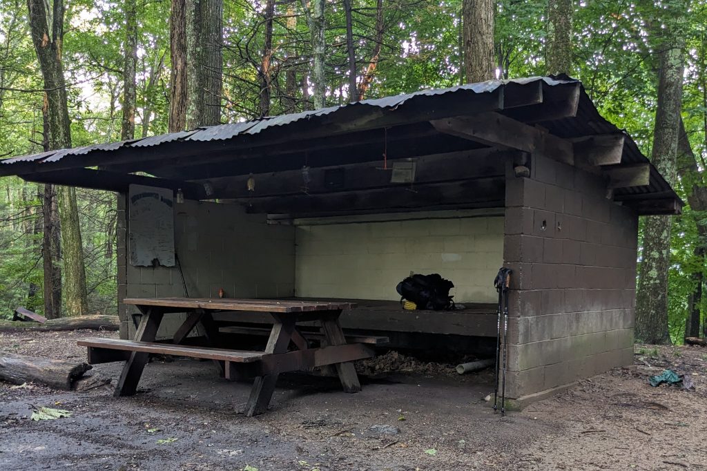 Three-walled lean to with a picnic table